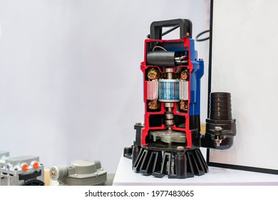 Cross Section Show Detail Inside Electric Motor Of Vertical Water Suction Pump (dip Type) And Vane Or Propeller For High Pressure In Sanitation Or Plumbing  Industrial Work