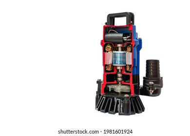 Cross Section Show Detail Inside Electric Motor Of Vertical Water Suction Pump (dip Type) And Vane Or Propeller For High Pressure In Sanitation Or Plumbing  Industrial Work Isolated With Clipping Path