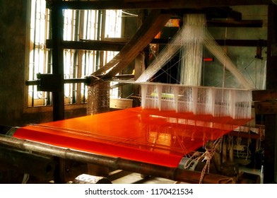 Cross Section Of A Silk Weaving Machine (textile Industry) With The Threads Attached Taken In The Silk Weaving Town Of Sualkuchi, Assam,India