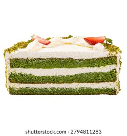 Cross section of vibrant spinach layer cake with creamy frosting and fresh strawberry decoration isolated on white background
