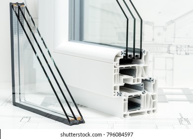 A cross section of window Design of pvc profiles for window, triple glazing cross selection, technical drawing on background