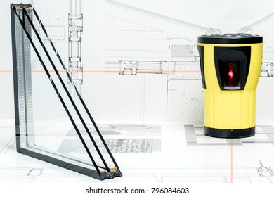 A cross section window triple glazing cross selection   Laser level measuring tool  technical drawing background
