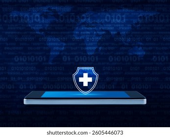 Cross shape with shield icon on modern smart mobile phone screen over world map and computer binary code, Business healthy and medical care insurance online, Elements of this image furnished by NASA