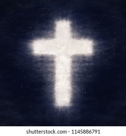 Cross Shape Shine In Dark Night Cloud Sky. Christian Conceptual Image Background