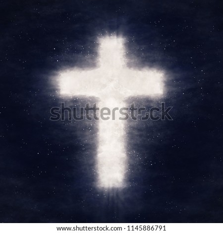 Cross shape shine in dark night cloud sky. Christian conceptual image background