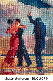 Cross Stitch Dancing Couple And Man With Umbrella