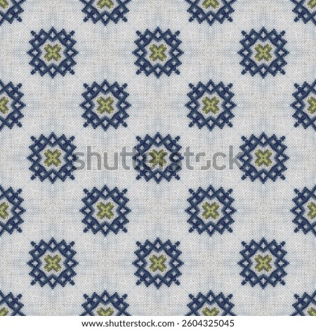Cross stitch pattern. Square border frame with cross stitch texture. Cross-stitch design background. Embroidery motif. Symmetrical seamless pattern can be tiled for a larger canvas fabric backdrop bg.