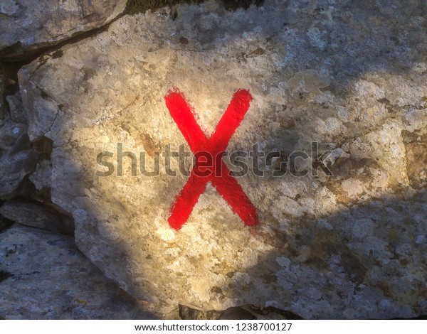 Cross symbol x sign painted in red, cross-shaped\
hiking trail marker on a\
rock