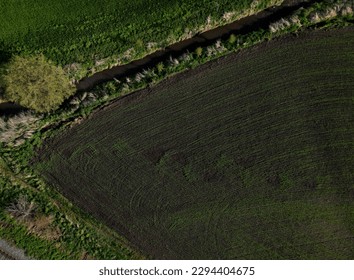 cross-country run through a flooded stream. footbridge with a thinly spaced plank floor. Big water in a narrow channel, video flight over the landscape. seed congestion