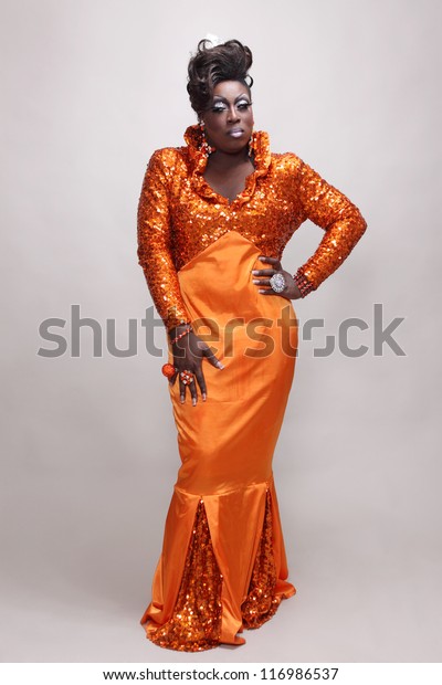 Crossdresser Wearing Orange Gown Sequins Stock Image Download Now