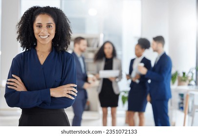 Crossed arms, leadership and portrait of businesswoman in the office with confidence, smile and team. Career, professional and young female corporate lawyer from Colombia in workplace with colleagues - Powered by Shutterstock