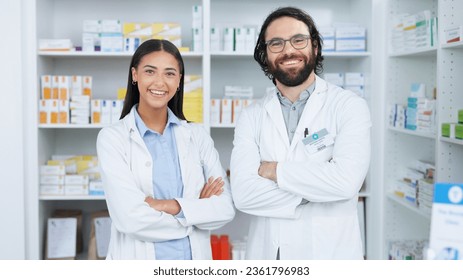 Crossed arms, pharmacy and portrait of people with smile for medical care, service and healthcare. Professional, teamwork and man and woman pharmacist for medication, medicine and clinic dispensary - Powered by Shutterstock