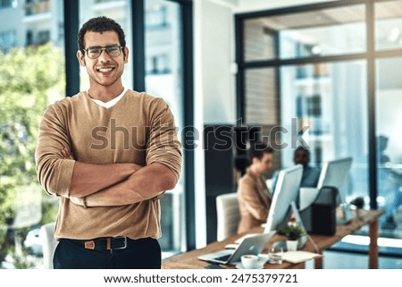 Crossed arms, smile and portrait of man in office with leader, confidence and pride for career. Happy, manager and professional graphic designer from Mexico with positive attitude in workplace.