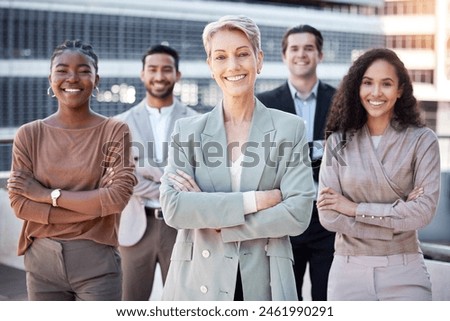 Crossed arms, team and portrait of business people in city for success, partnership and collaboration. Corporate, professional and men and women in urban town for career, working and job opportunity