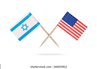 Crossed mini flag USA and Israel. Isolated on white background