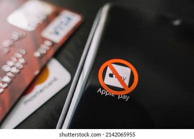 A Crossed-out Icon On A Black Smartphone Screen. The Concept Of Banning The Application Apple Pay. April 1, 2022. Barnaul. Russia