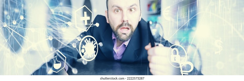 A cross-eyed bearded man is looking into the frame. Eye disease. The concept of inexperienced specialist. Spy neighbor. - Shutterstock ID 2222573287
