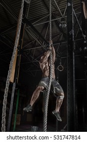 Crossfit Athlete Climbing The Rope In Gym