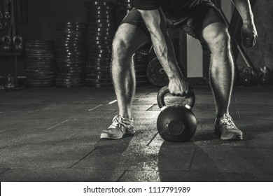  Crossfit Kettlebell Training In Gym. Athlete Doing Crossfit Workout