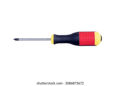 Crosshead screwdriver with a plastic red, black handle, isolated over the white background.