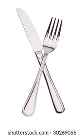 The crossing fork and knife on white background
