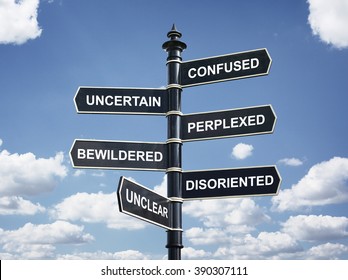 Crossroad signpost saying confused, uncertain, perplexed, bewildered, disoriented, unclear concept for lost, confusion or decisions