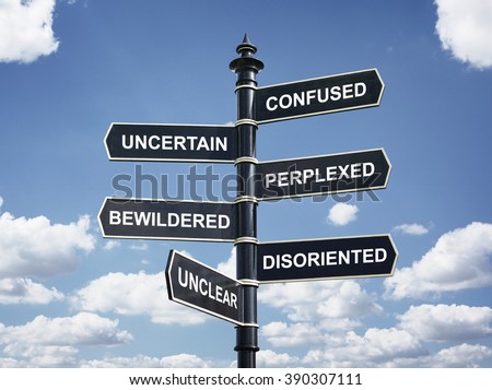 Crossroad signpost saying confused, uncertain, perplexed, bewildered, disoriented, unclear concept for lost, confusion or decisions