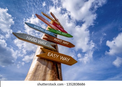 Crossroad signpost saying Hard Way , Easy Way, Wrong Way , Right Way and many other ways.  Decision making concept. - Shutterstock ID 1352838686