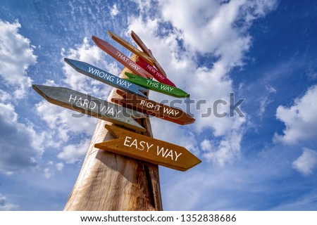 Crossroad signpost saying Hard Way , Easy Way, Wrong Way , Right Way and many other ways.  Decision making concept.