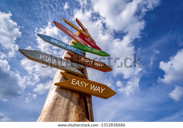 Crossroad\
signpost saying Hard Way , Easy Way, Wrong Way , Right Way and many\
other ways.  Decision making\
concept.\
