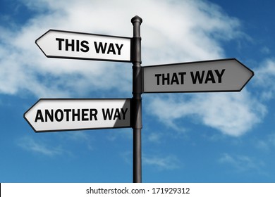 Crossroad signpost saying this way, that way, another way concept for lost, confusion or decisions - Shutterstock ID 171929312