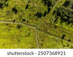 Crossroads of dirt roads in a field, aerial view. Choosing a direction on a trip