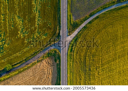 Crossroads of fields divided by a direct path at sunset in summer