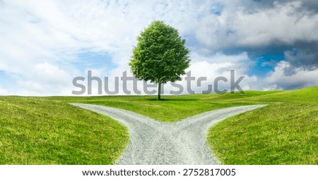 Crossroads on a path through a hilly landscape