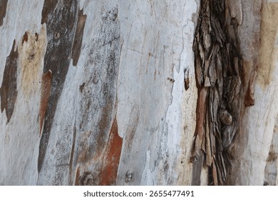 

Cross-section of an old eucalyptus tree trunk. Eucalyptus tree texture gray background. Close-up of the tree's natural texture. Nature's natural patterns can be used as a background in designs.