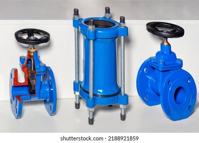 Cross-sectional Mock-up Of A Metal Check Valve And Coupling Demonstrating Function And Operation In Piping And Circulation Systems. Close-up, Copy Space.