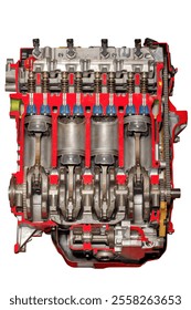 A cross-sectional view reveals the complexity of an engine block, highlighting pistons, crankshaft, and other mechanical components. The vibrant colors enhance the intricate design and engineering.