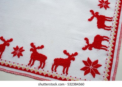 Exclusive Design Reindeer Cross Stitch Pattern Photography Backdrop 5ft x 5ft Red Christmas Cross Stitch Backdrop Item 2166
