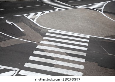 Crosswalk Above Street, Fresh Painted On Aged Asphalt Street Road 