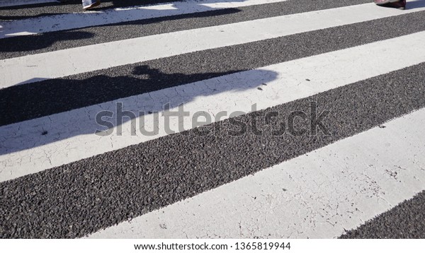 Crosswalk in the urban city,\
symbol signage of safety walk across the drive way with paint in\
white color on asphalt. People shadows are walking in the summer\
day.