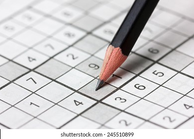 crossword sudoku and pencil, popular puzzle game with numbers