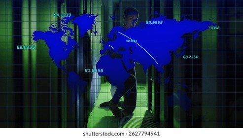Crouching hoodie-clad technician accessing server racks in data center with LEDs, world map overlay. Technology, connectivity, cybersecurity, industrial, futuristic, professional, digital