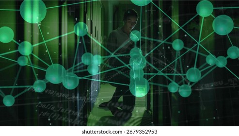 Crouching technician checking rack cables in data center with smartphone and green overlay. Technology, cybersecurity, innovation, infrastructure, digital, modern, connectivity