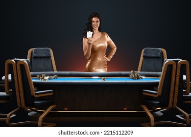 Croupier girl at the poker table, poker room. Poker game, casino, Texas hold'em, online game, card games. Modern design, magazine style - Powered by Shutterstock