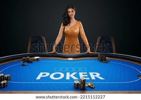 Croupier girl at the poker table, poker room. Poker game, casino, Texas hold'em, online game, card games. Modern design, magazine style