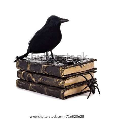 Crow atop a stack of handmade Halloween spell books isolated on a white background