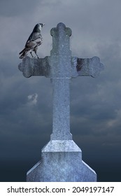 Crow on an old gravestone in halloween night