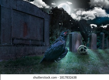 a crow sits on a cemetry in front of a tombstone
