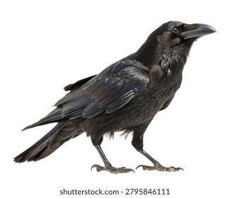 Crow Viewed from Low Angle Perspective Emphasizing Strong Presence Isolated on White Background.