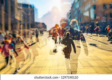 Crowd Of Anonymous People Walking On Busy City Street 